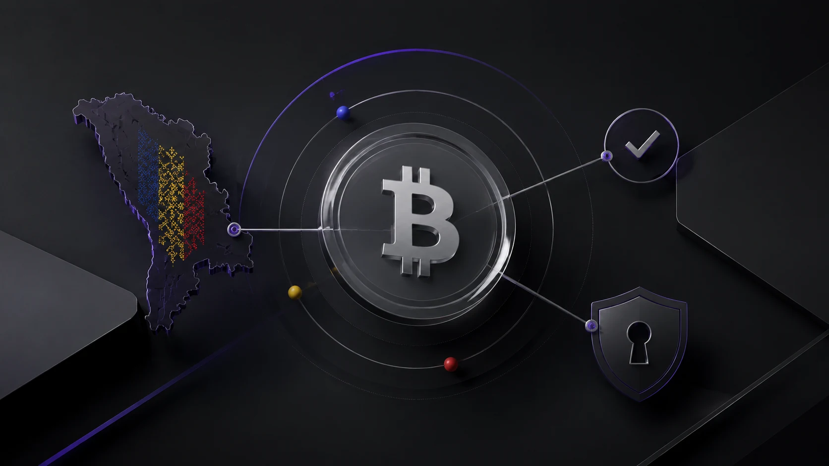 Bitcoin conectat cu harta Moldovei și simboluri de verificare și securitate